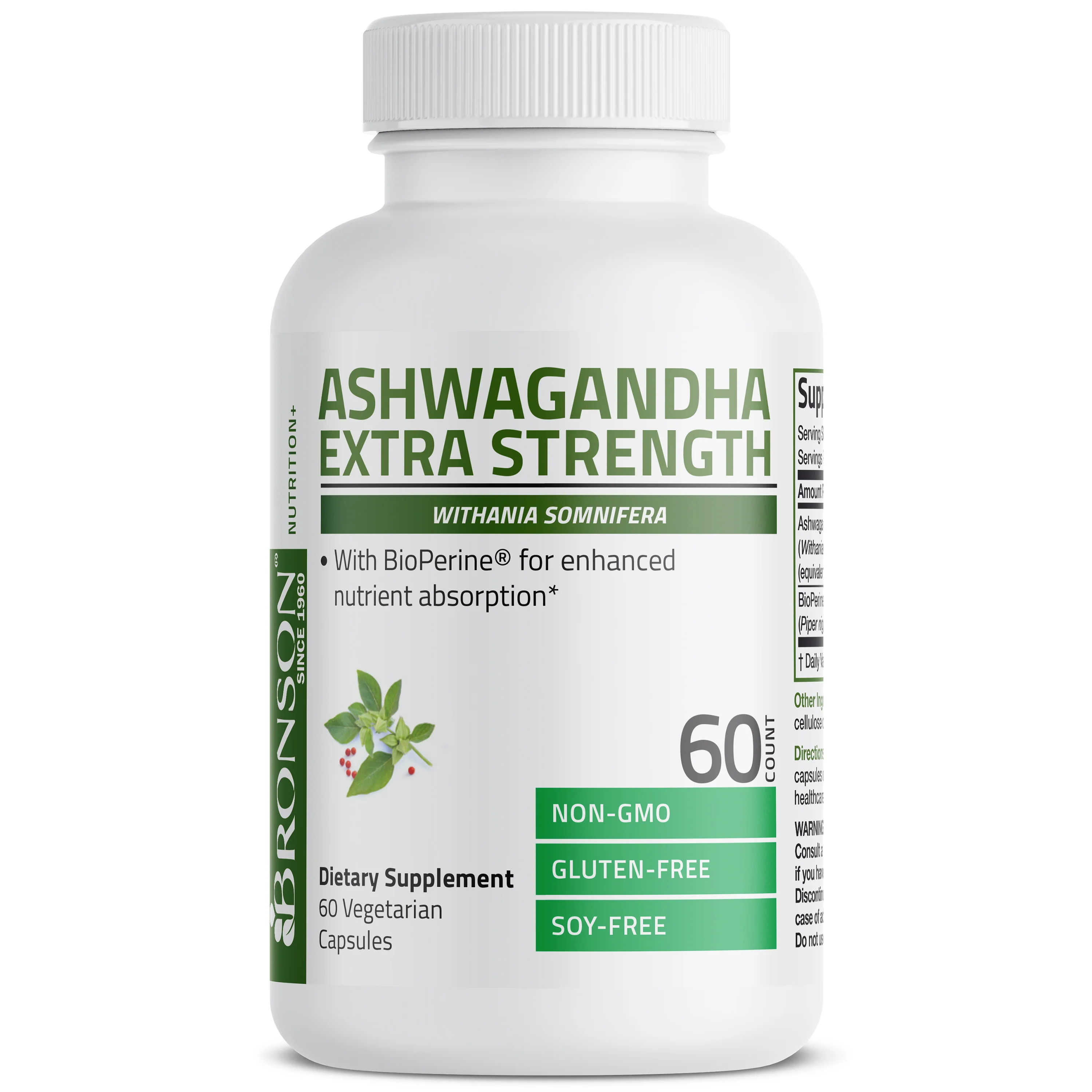 Ashwagandha Extra Strength: White bottle, white cap, green/white label; herb art; Bronson branding; 60 vegetarian capsules.
